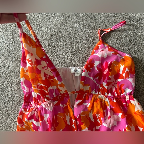 She+Sky Floral Deep V Maxi Dress S Straps Summer Sundress Tangerine & Fuchsia - Picture 9 of 15